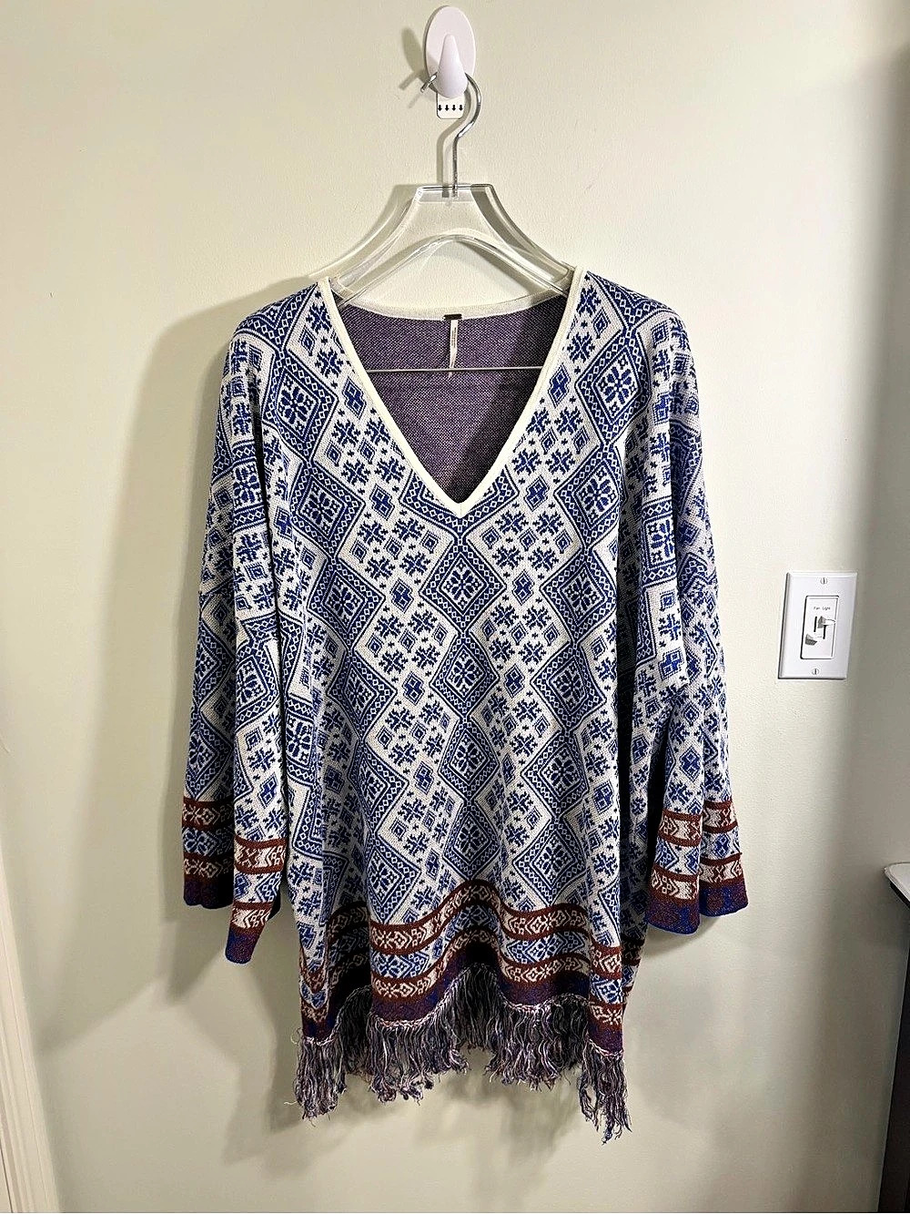 Free People Its A Cinch Poncho Sweater S Blue Boho Geometric Fringe Tunic Top